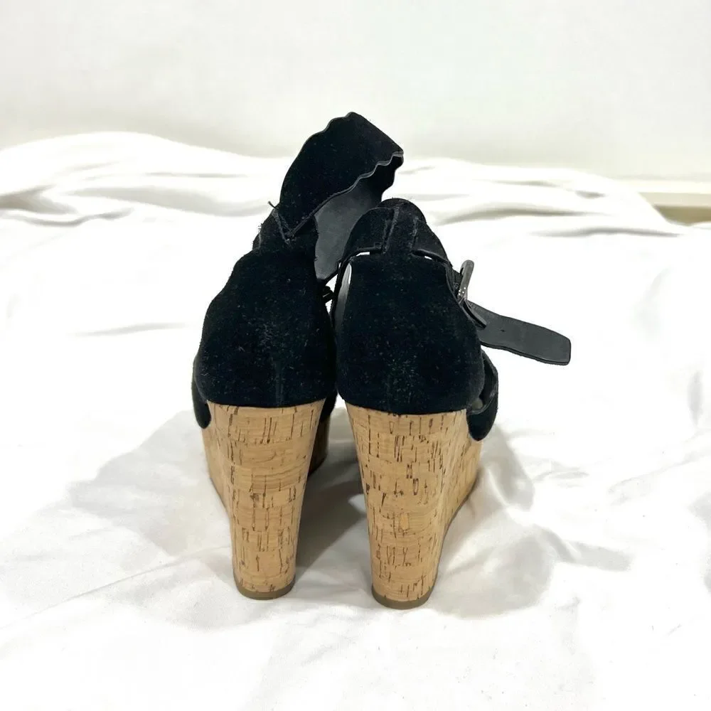 Marc Fisher black suede cork wedges sandals size 6M runs big